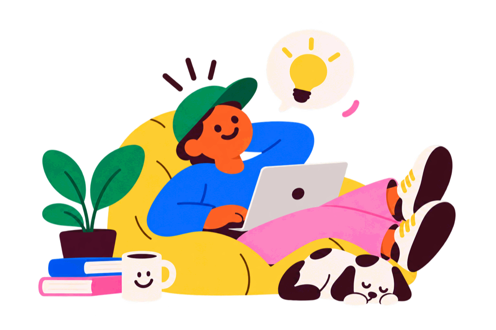 Someone working from a beanbag with a laptop, a sleeping dog beside them